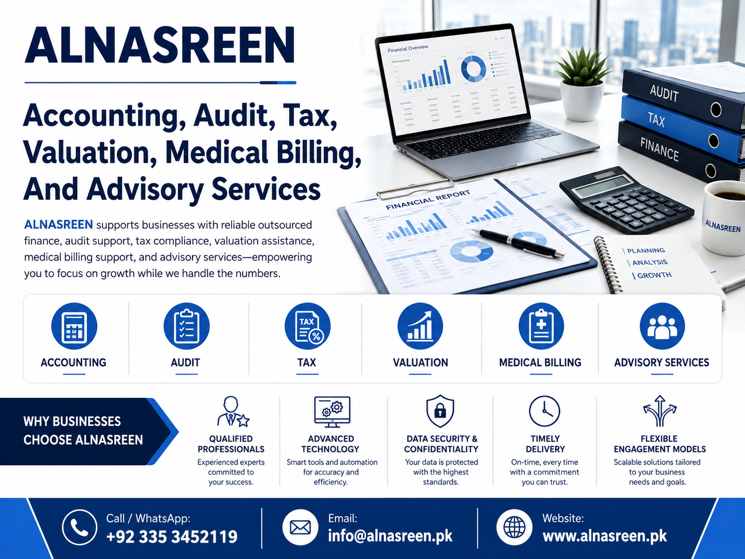 ALNASREEN accounting, audit, tax, valuation, medical billing, and advisory services for reliable outsourced finance support