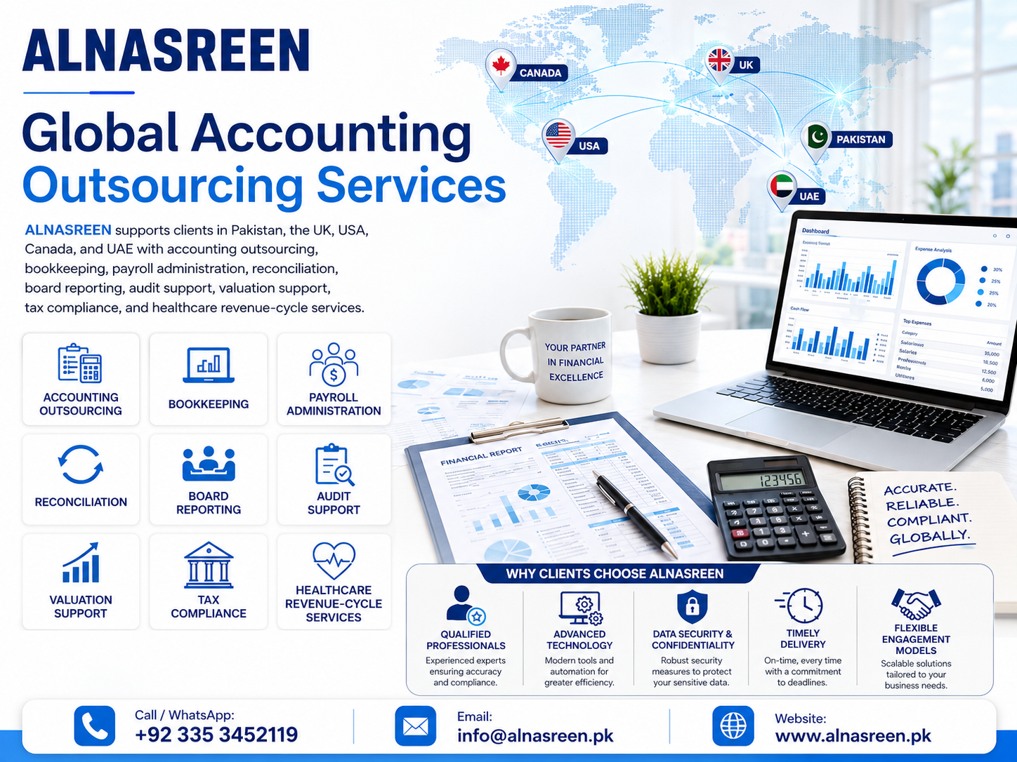 ALNASREEN global accounting outsourcing services for Pakistan, UK, USA, Canada, UAE, bookkeeping, payroll, reconciliation, audit, valuation, and tax compliance