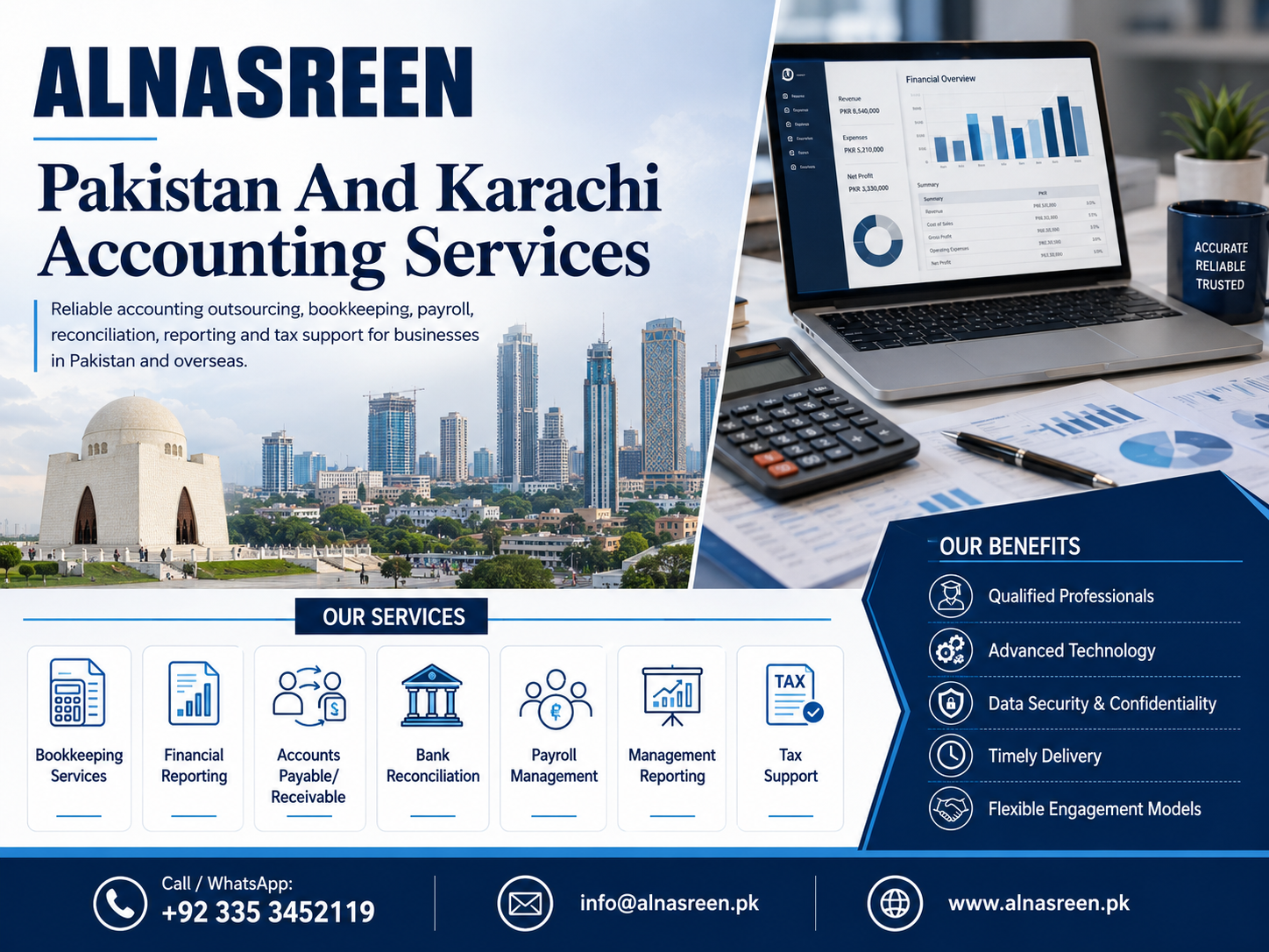 ALNASREEN Pakistan and Karachi accounting services for bookkeeping, financial reporting, accounts payable, bank reconciliation, payroll, management reporting, and tax support