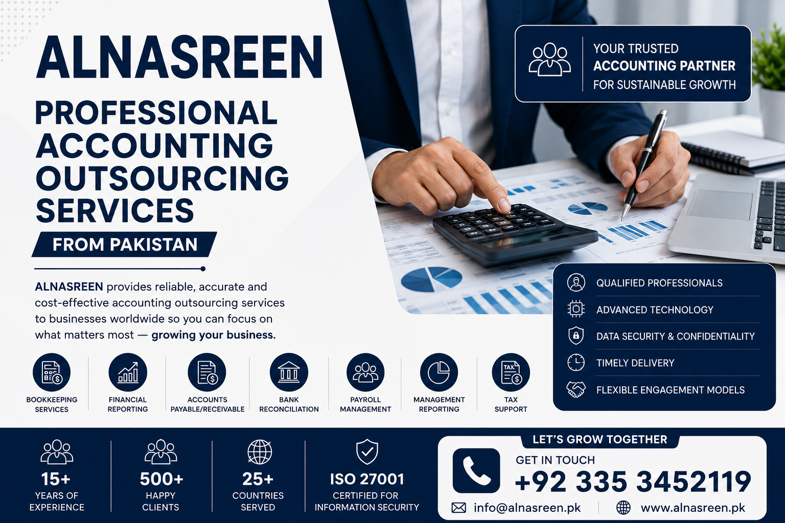 ALNASREEN professional accounting outsourcing services from Pakistan with bookkeeping, reporting, payroll, tax support, and ISO 27001 data security